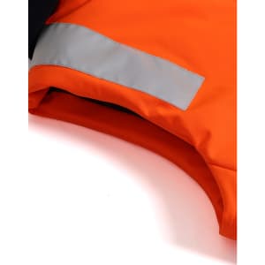 An orange unisex hi vis hooded puffer vest with a reflective silver stripe, featuring a sleek design.