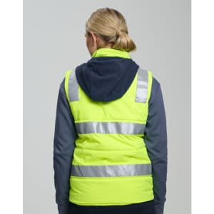 A unisex hi-vis hooded puffer vest in bright yellow with reflective strips and a navy blue hood.
