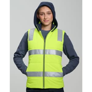 A unisex hi-vis hooded puffer vest in bright yellow with reflective stripes, worn by a model.