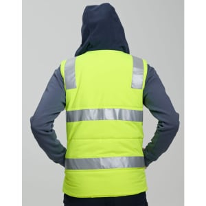 A unisex hi-vis hooded puffer vest in bright yellow with reflective strips and a blue hood.