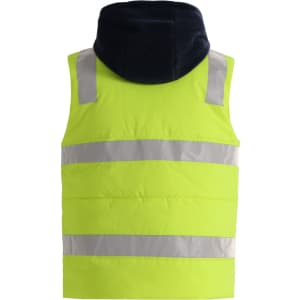 A unisex hi-vis hooded puffer vest in vibrant yellow with reflective stripes and a navy hood. It has a branding logo.