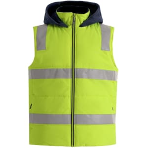 A unisex hi-vis hooded puffer vest in bright yellow with reflective stripes and a navy hood.