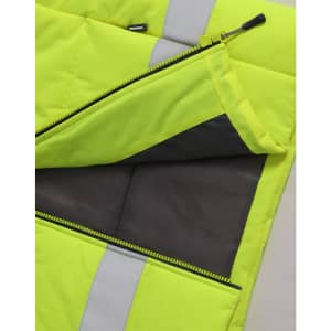 A bright yellow unisex hooded puffer vest with grey lining and reflective strips. It features a zippered opening.