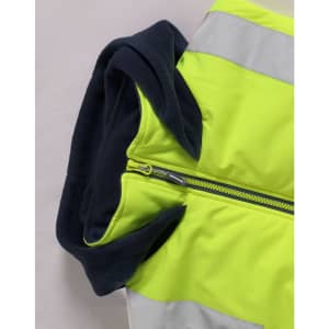 A unisex hi-vis hooded puffer vest in fluorescent yellow with navy accents and reflective strips.