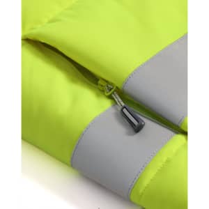 A close-up of a bright yellow unisex hooded puffer vest featuring grey accents and a zipper detail.