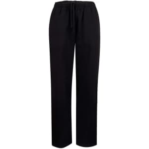Black fleecey track pants featuring an elastic waistband and drawstring, designed for comfort and casual wear.