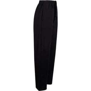 Black adult fleecy track pants with a relaxed fit and elastic waistband. Features include a drawstring and a logo.