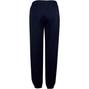 Fleecy navy trackpants with cuffs, knee padding, and an elastic waistband, featuring a logo.
