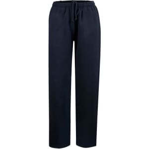 Navy track pants featuring an elastic waistband and drawstring, with a simple design and no visible branding.