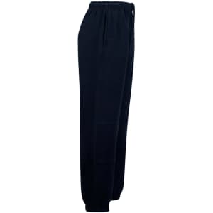 Fleecy navy track pants for kids featuring a zip, cuffs, and knee padding, with an elastic waistband and pockets.