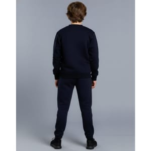 A navy fleecy sweater for kids, viewed from the back, paired with matching pants. The garment has a logo.