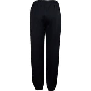 Black fleecy track pants with an elastic waistband, cuffs, and knee padding. Features a logo on the side.