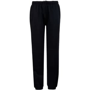 Black fleecy track pants featuring zips, cuffs, and knee padding, designed for kids, with an elastic waistband.
