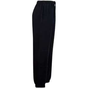 Black fleecy track pants featuring zip cuffs and knee padding, designed for kids, with an elastic waistband.