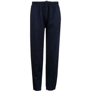Fleecy track pants in navy blue, featuring a zip, cuffs, knee padding, and an elastic waistband.
