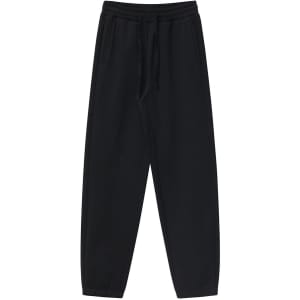 Black unisex sweatpants with an elastic waistband and side pockets, featuring a logo.