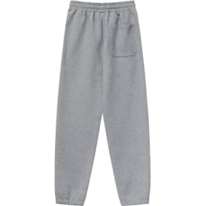 Unisex grey sweatpants with an elastic waist and a single side pocket, featuring a logo.