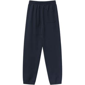 A pair of navy unisex sweatpants with an elastic waistband and a single back pocket.