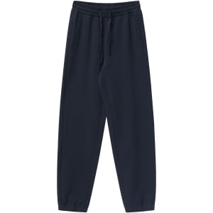 Navy unisex sweatpants with an elastic waist and drawstring, featuring side pockets and a subtle logo.