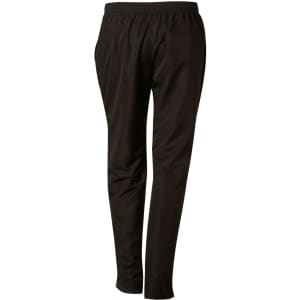 Black kid's track pants with an elastic waistband and side pockets, featuring a logo on the back.