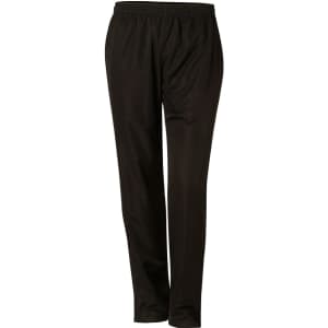 Black kid's track pants with an elastic waistband and a logo. Soft fabric and tapered leg design.
