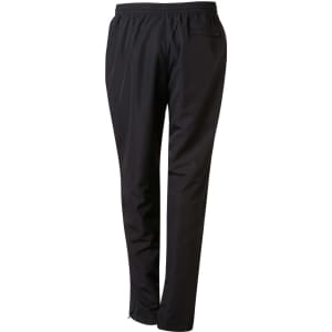 Black track pants featuring an elastic waistband and side pockets, with a logo on the front.