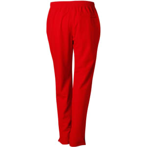 Red kid's track pants with an elastic waistband and a single back pocket, featuring a logo.