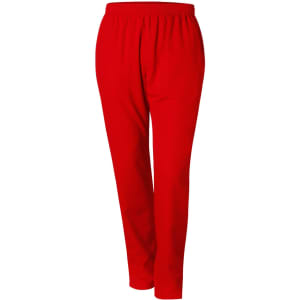 Bright red kid's track pants with an elastic waistband, featuring a simple design and a branding logo.