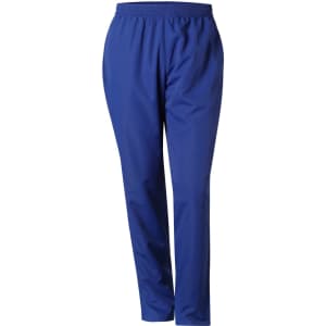 Blue track pants with an elastic waistband and a simple design. The pants have a logo on them.