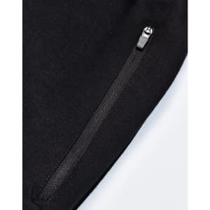 A pair of black poly/cotton terry sweat pants featuring a zip pocket and a soft texture.