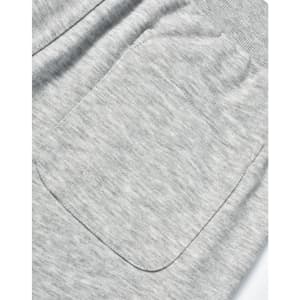 A close-up of grey poly/cotton terry sweat pants featuring a single back pocket and elastic waistband.