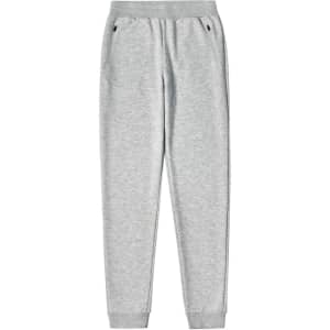 Grey poly/cotton terry sweat pants with two side pockets and ribbed cuffs. Features a logo.
