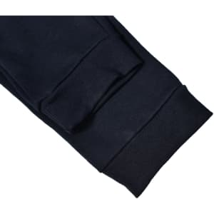 Navy poly/cotton terry sweat pants featuring ribbed cuffs and a smooth finish. Includes a logo.