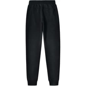 Black kids' poly/cotton terry track pants with an elastic waistband and a single back pocket. Features a logo.