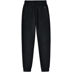 Black poly/cotton terry sweat pants featuring zippered pockets and a relaxed fit. Ideal for casual wear.