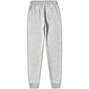 Grey poly/cotton terry sweat pants with an elastic waistband and a back pocket. Features a logo detail.