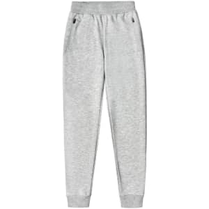 Grey kids' poly/cotton terry sweat pants featuring a waistband and side pockets.