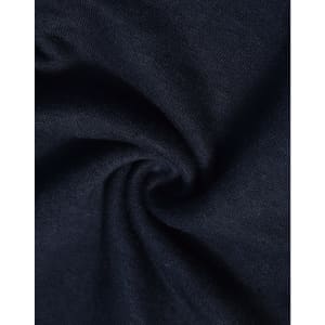 A close-up of navy blue poly/cotton terry fabric, showcasing its soft and stretchy texture. Features a logo.