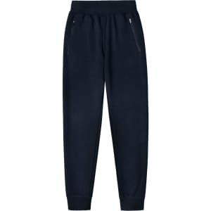 Navy blue kids' poly/cotton terry sweat pants featuring zip pockets and elastic cuffs.