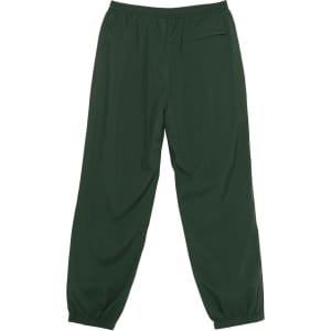 A pair of green track pants with an elastic waistband and a single pocket at the back. Features a brand logo.