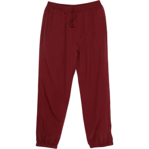 Burgundy track pants with an elasticated waistband, featuring side pockets and a drawstring, with a logo present.