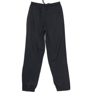 Black track pants with a drawstring waist and a back pocket, featuring elasticised cuffs and a simple design.
