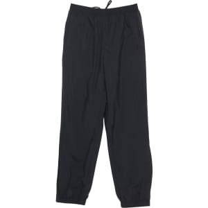 Black track pants with an elastic waistband and drawstring, featuring side pockets and a subtle logo.