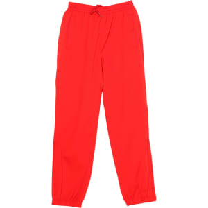 Red track pants featuring an elastic waistband and pockets. The product includes a logo.