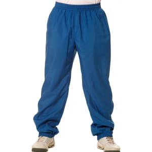 Track pants in a vibrant blue colour with an elastic waistband and cuffed ankles. Features a logo on the front.