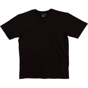 A black premium tee t-shirt with short sleeves and a round neckline. The shirt features a logo on the label.