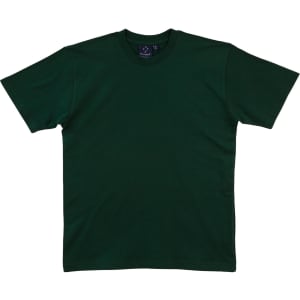 A green premium tee positioned flat, featuring a logo at the neckline.