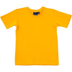 A bright yellow premium tee with a round neck and short sleeves, featuring a logo on the label.