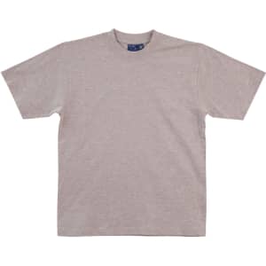 A grey premium T-shirt with short sleeves and a crew neck, featuring a logo on the label.