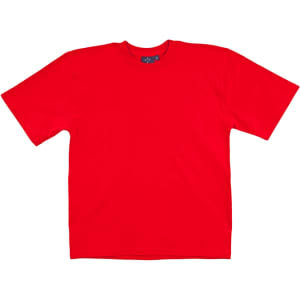 A red premium T-shirt featuring short sleeves and a round neckline. It has a logo on the inner tag.
